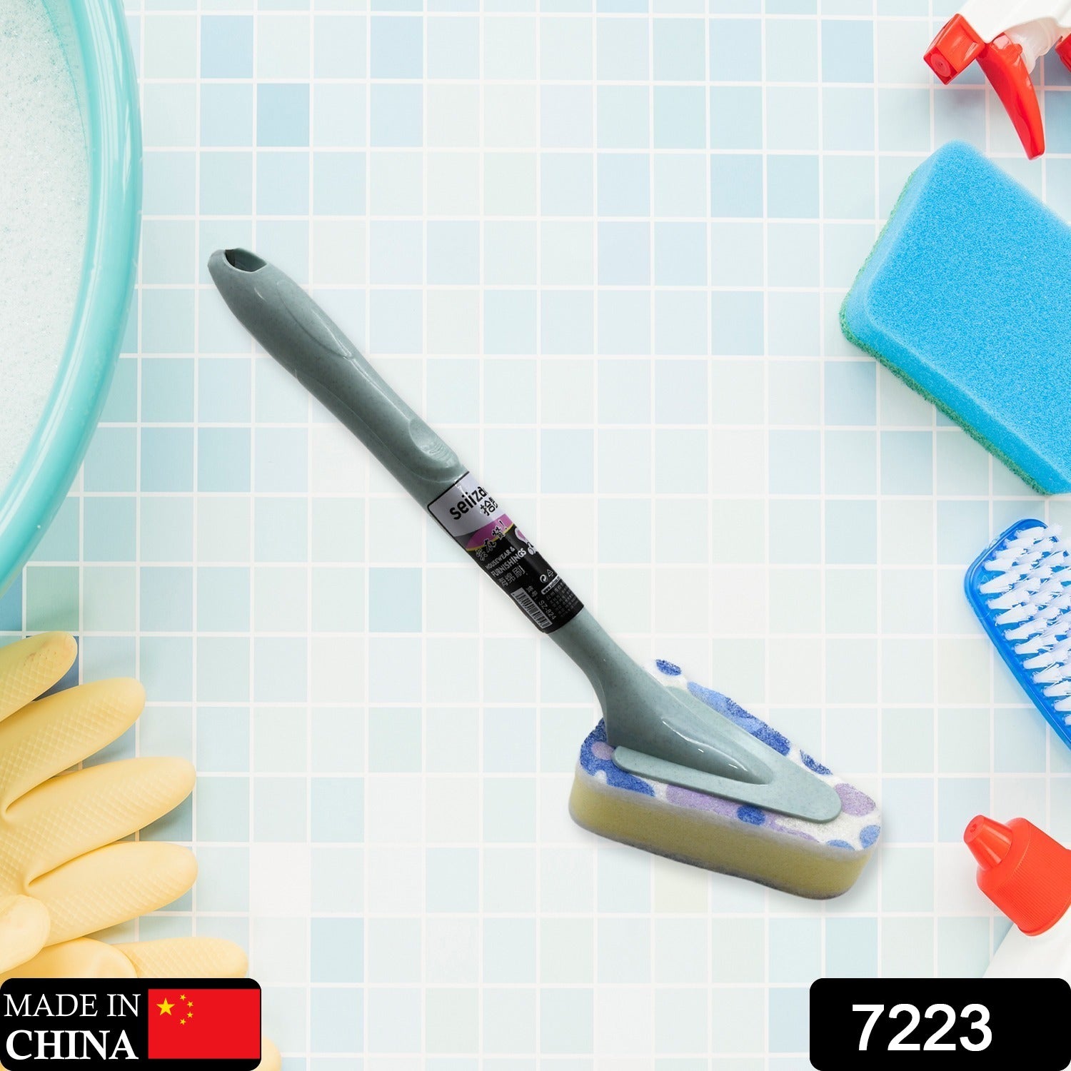 7223 Cleaning Supplies Kitchen Handle Universal Triangular Sponge Multifunctional Bathroom Brush Long Handle Kitchen Dining Bar